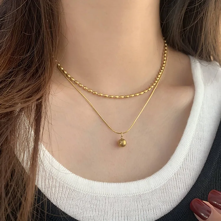 ANENJERY 316L Stainless Steel Double Layer Round Beads Pendant Necklace for Women Fashion Temperament Jewelry Accessory