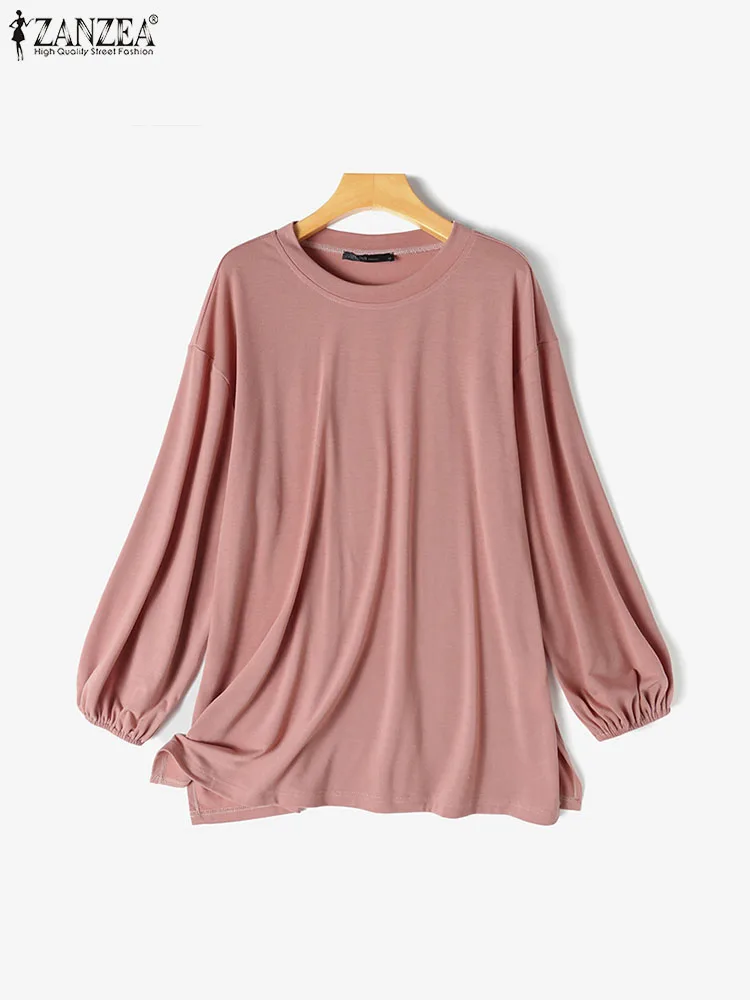 ZANZEA-Blusa de manga larga de gran tamaño para mujer, Camisa lisa musulmana, Abaya de Turquía, caftán, Jersey informal suelto con cuello redondo, otoño