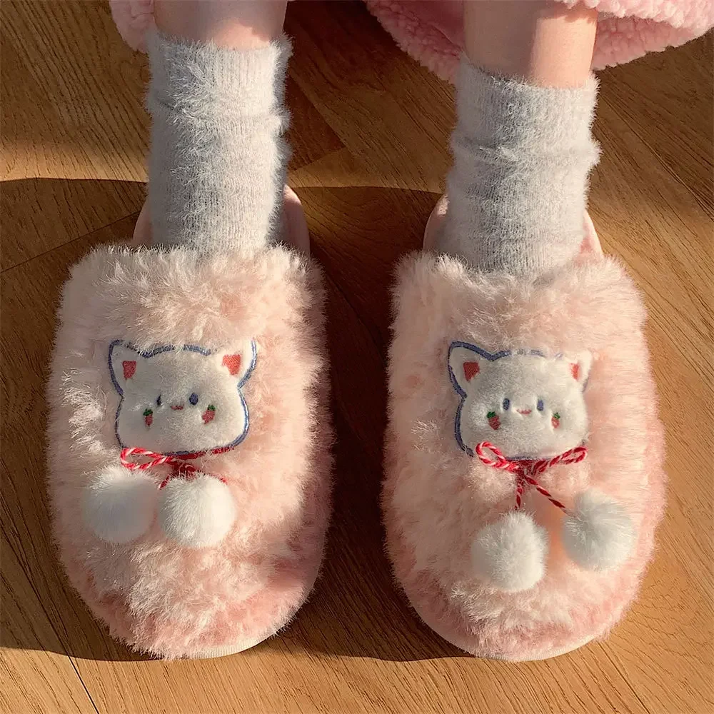 

Cute kitten cotton slippers head warm women's winter leisure home cartoon soft flat bottom plush creative cotton shoes