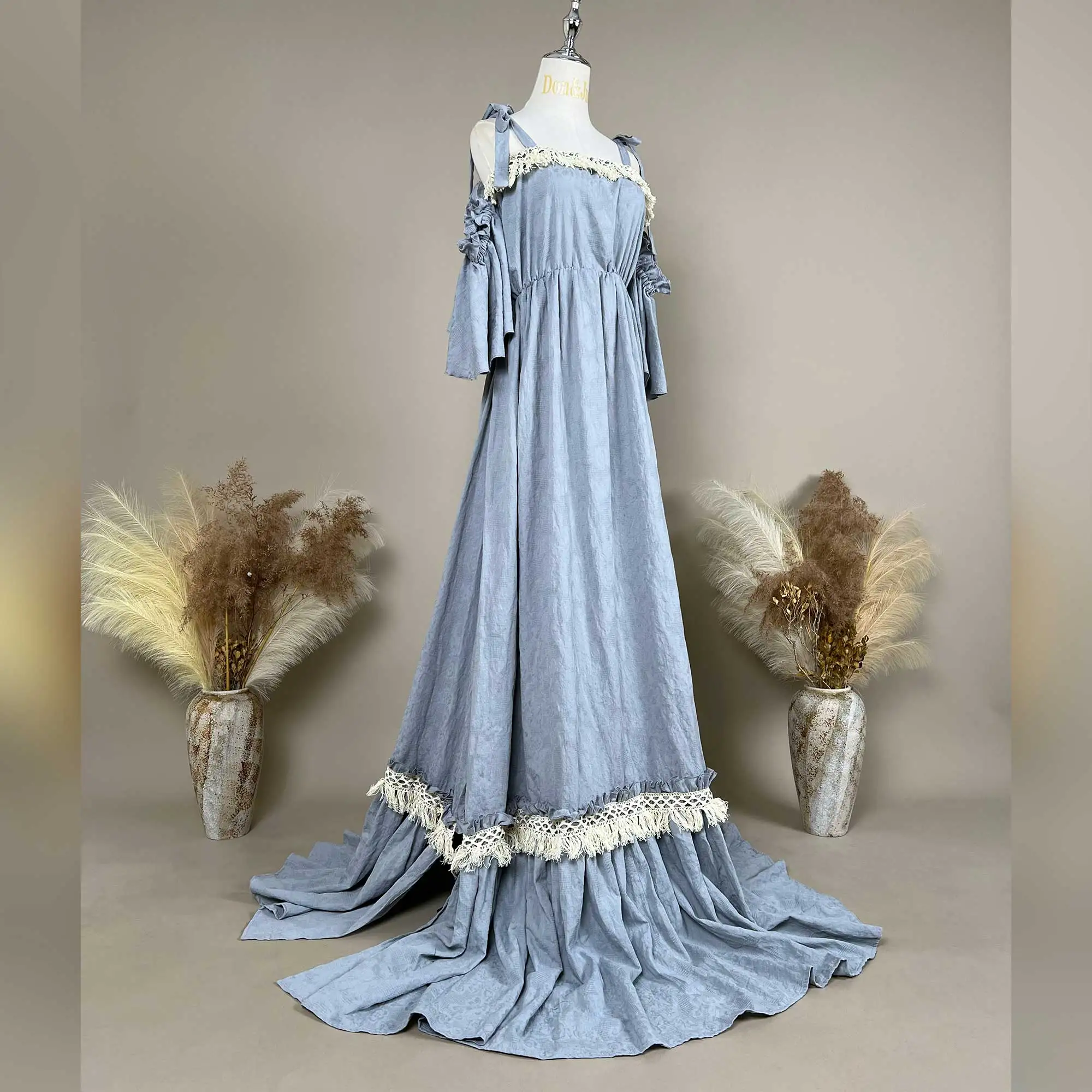 

Don&Judy Summer Off-Shoulder Boho Maxi Dress with Lace Trim Flowing Train Cotton Goddess Gown Pregnant Photoshoot Session