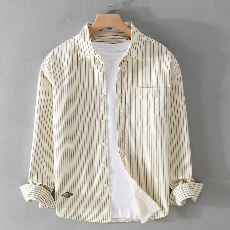 

Ele Men's Striped Cotton irt Long Sve Artistic Sle Casual Loose Fit Faionable Top for Youth Autumn Wear