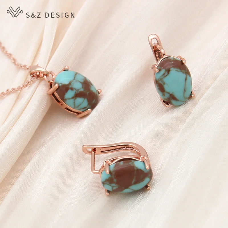 S&Z DESIGN New Oval Synthetic Turquoises Drop Earrings Jewelry Sets For Women Wedding 585 Rose Gold Color Pendant Necklace