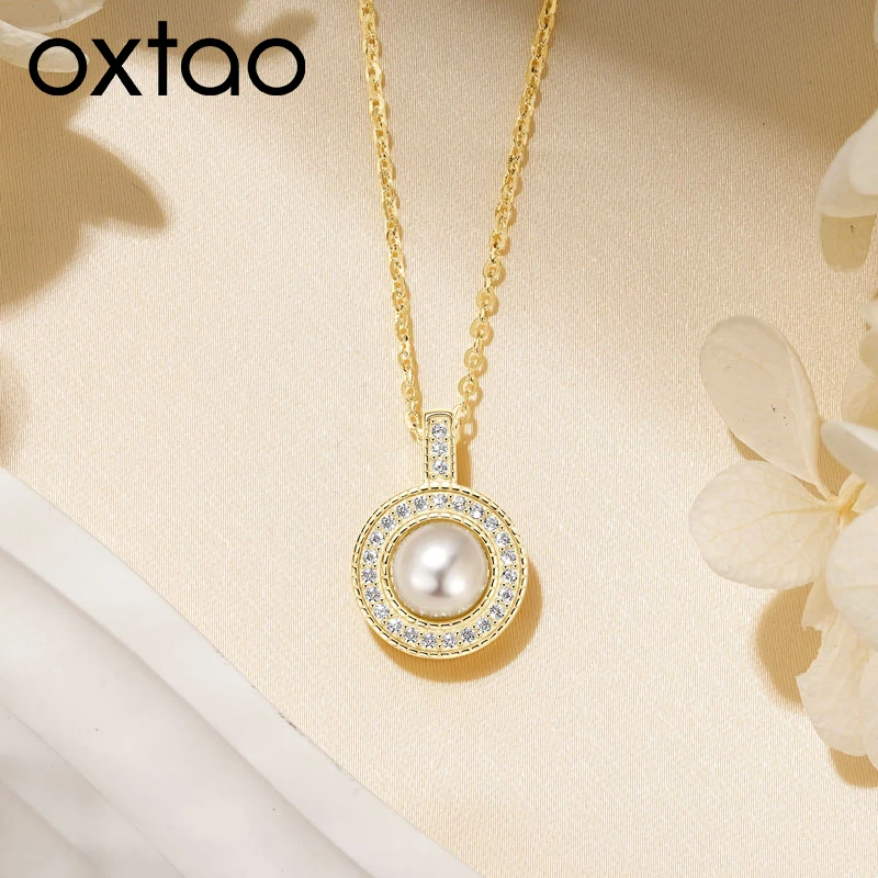 

OXTAO 6-6.5mm Freshwater Cultured Pearl Round Halo Pendant Necklace Female Jewelry Vintage Style CZ Charm Necklace 925 Silver