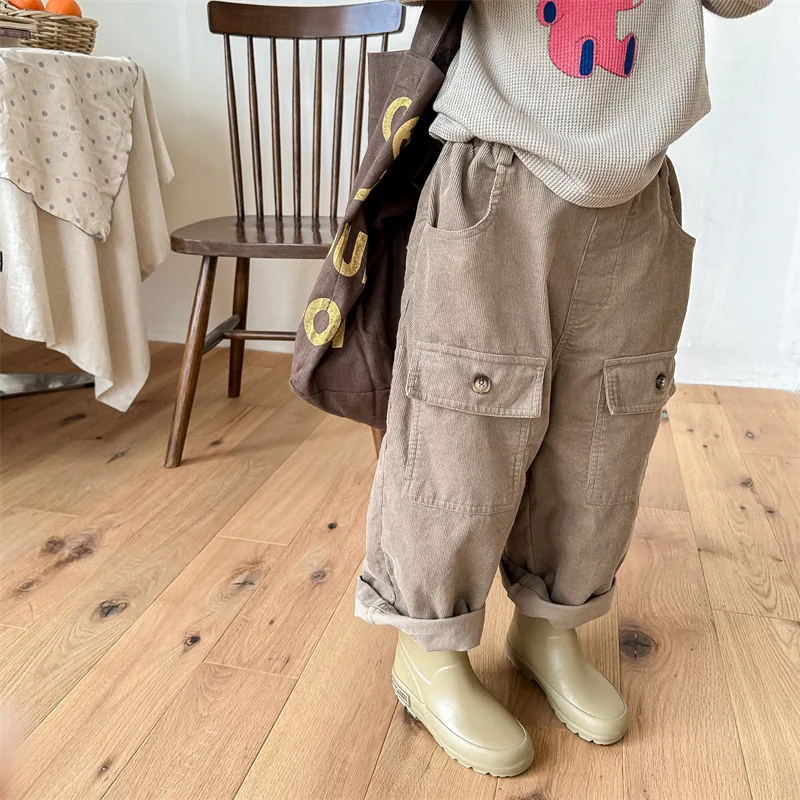 

Childrens Pants 2026 Spring New Korean Version Corduroy Work Pants Casual Fashion Daily Solid Color Western-style Versatile