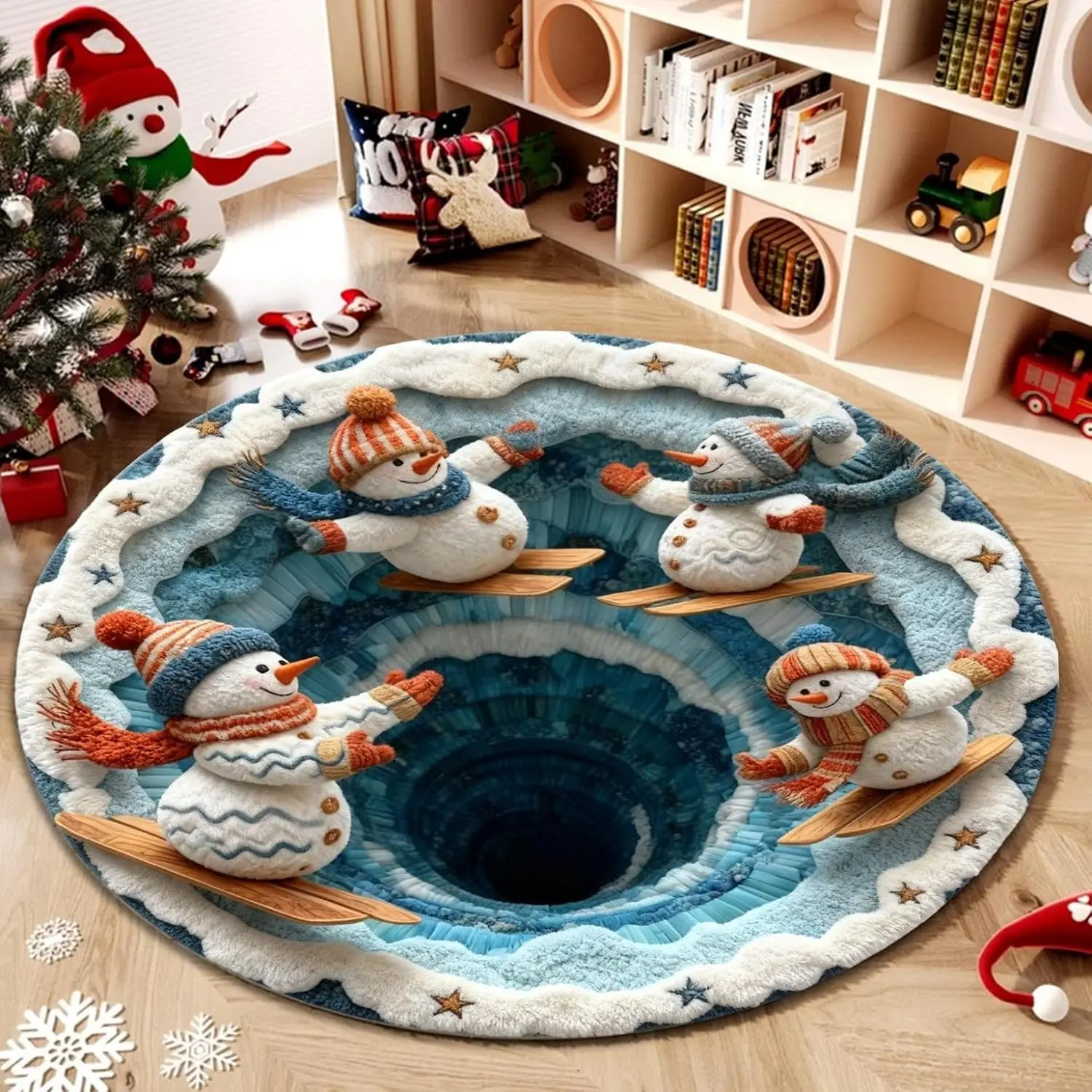 Festive Snowman Christmas Rug Mat Plush Round Fuzzy Area Rug for Kids Nursery Winter Holiday Decor Storage Floor Carpet Xmas Gif