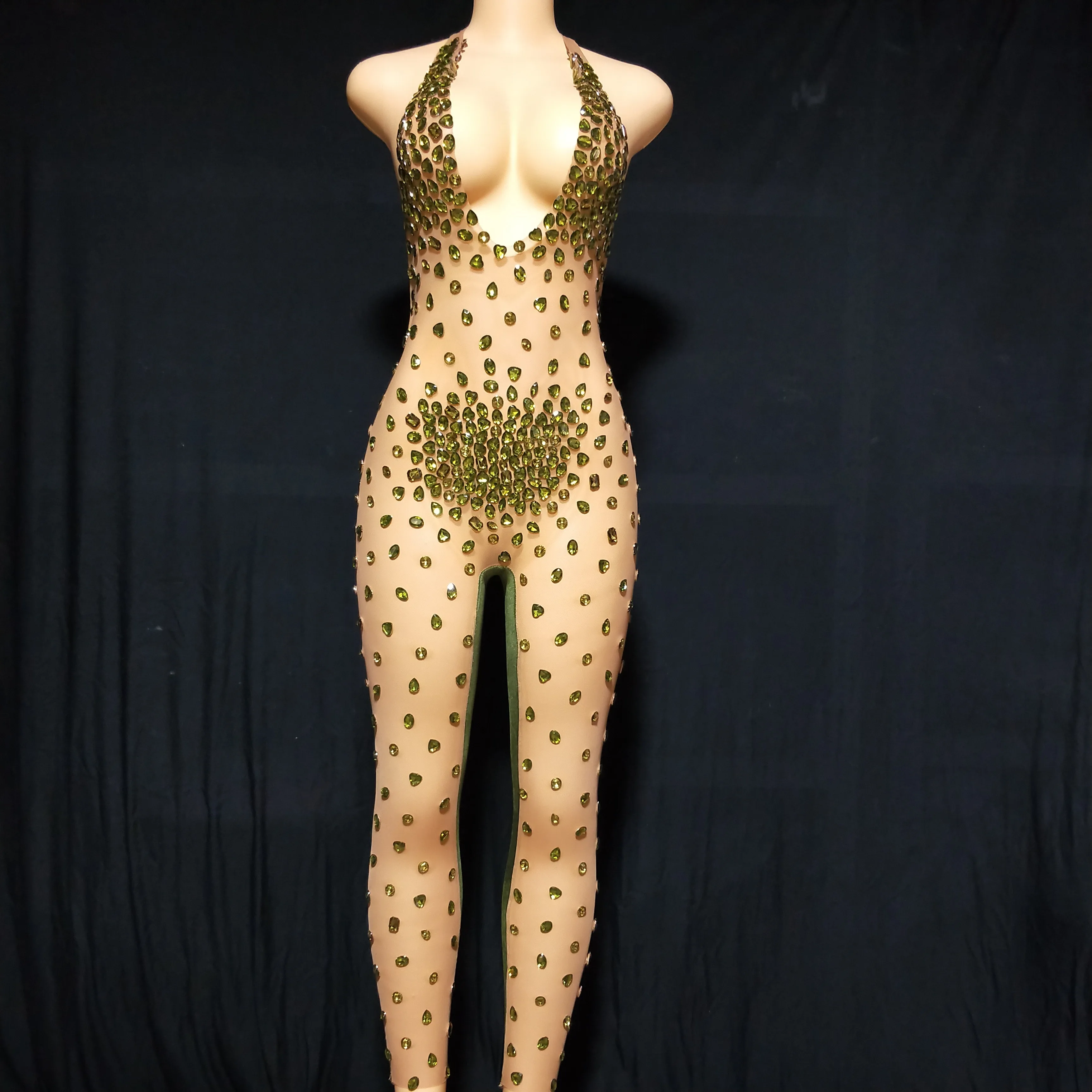 Seksowny kombinezon z dużymi kamieniami taniec aksamitna siateczka przezroczyste pajacyki body do klubu nocnego kostium urodziny bal pokaz body bez rękawów