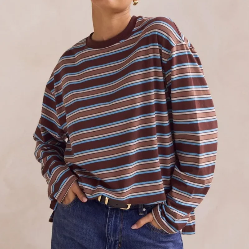 Sudaderas con estampado de rayas a la moda, camisetas clásicas de manga larga, camisas informales para mujer, camisas de otoño de mezcla suave y transpirable