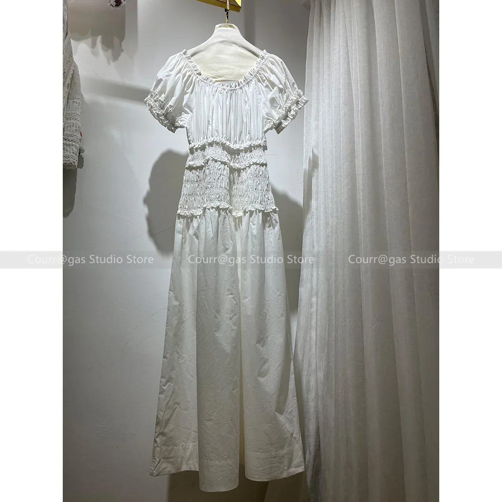 French retro U-shaped collar bubble sleeve pleated waist cotton gentle wind dress women 2024 summer new