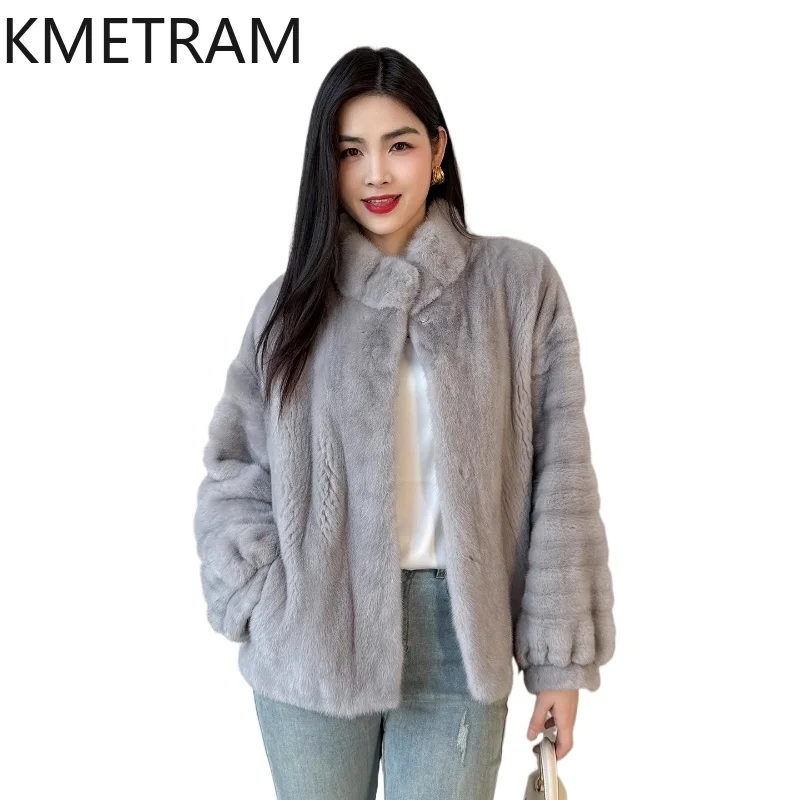 سترة KMETRAM 100% من فرو المنك المخملي للسيدات بياقة واقفة معطف قصير من الفرو الحقيقي عالي الجودة ملابس نسائية شتوية 2025 schuba femenska