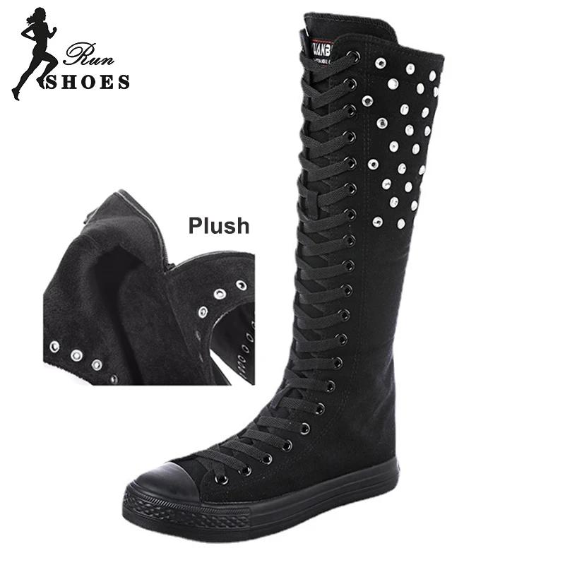 Stivali da donna invernali in peluche stivali lunghi Casual alti con lacci scarpe con cerniera laterale Stick Diamonds Crystal Canvas ROME Sneakers