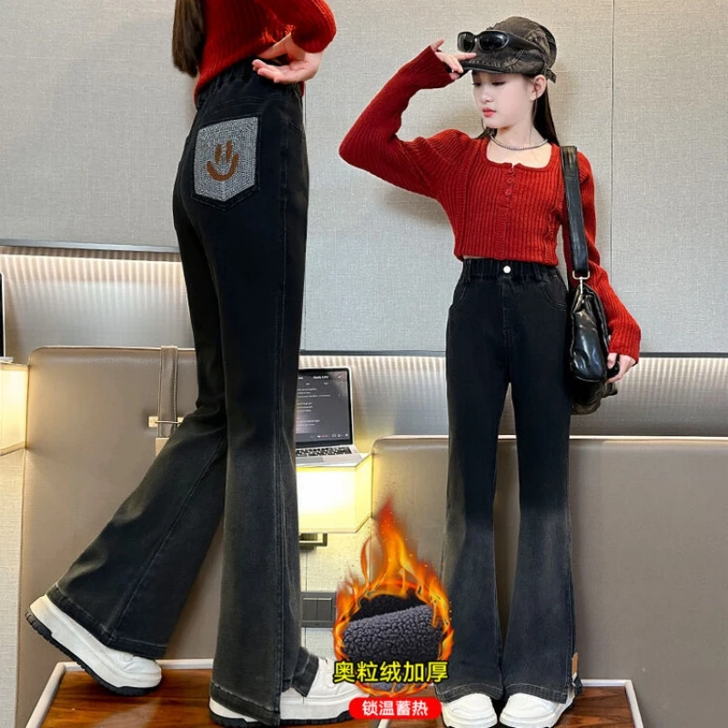 

Girls' Black Denim Pants, Fitted Flared Pants, Winter Fleece-Lined Denim Long Pants with Pocket Embroidery and Slit Hems