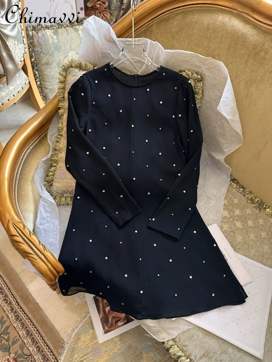 

Spring 2024 New Heavy Industry French Style Rhinestone Gorgeous Long Sleeve Chiffon Dress Slim-fit Temperament Ladies Dresses