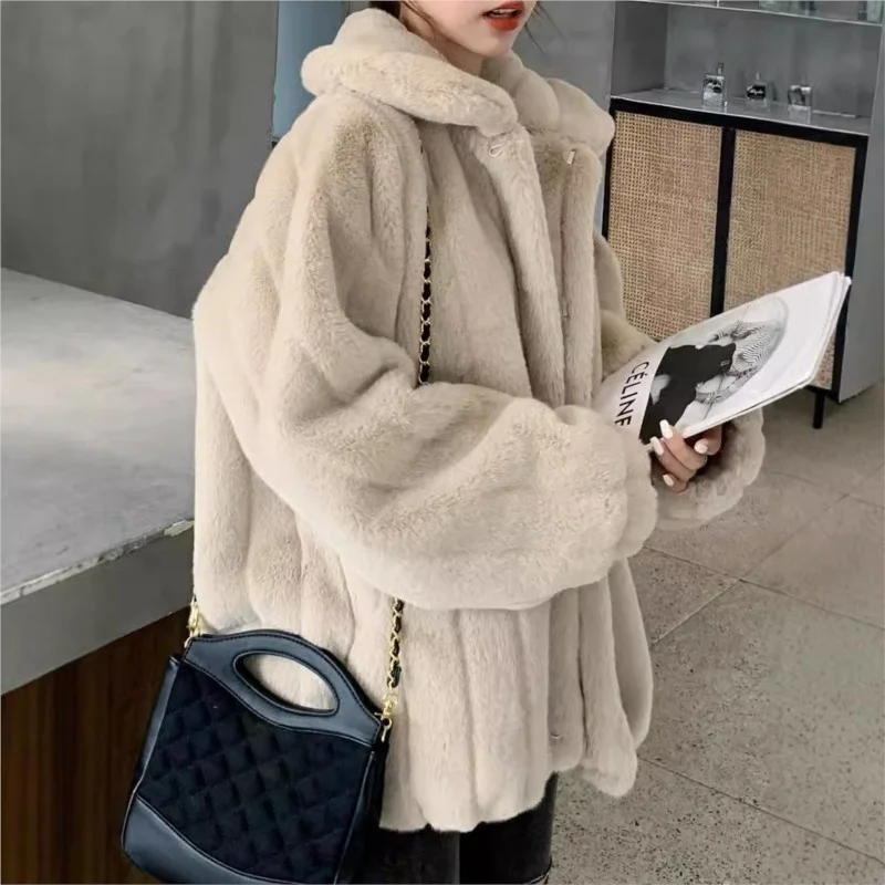 Lapel vertical groove mixed fur coat slit top loose fluffy with drawstring stripes at the for women
