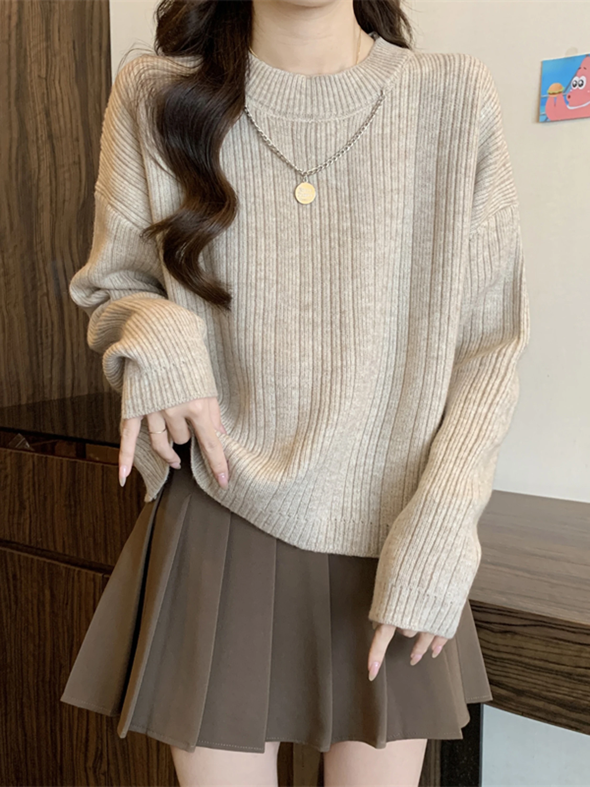 

Thiened круглый теплый свитер для женщин осень-зима новый свободный повседневный ор винтажный ленивый топ с длинным светом из смеси хлопка