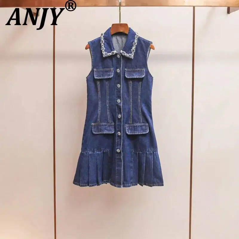 ANJY New Women Elegant High-end Embroidered Flares Turn-Down Collar Sleeveless Single Breasted Pleated Trendy Denim Dress A25009