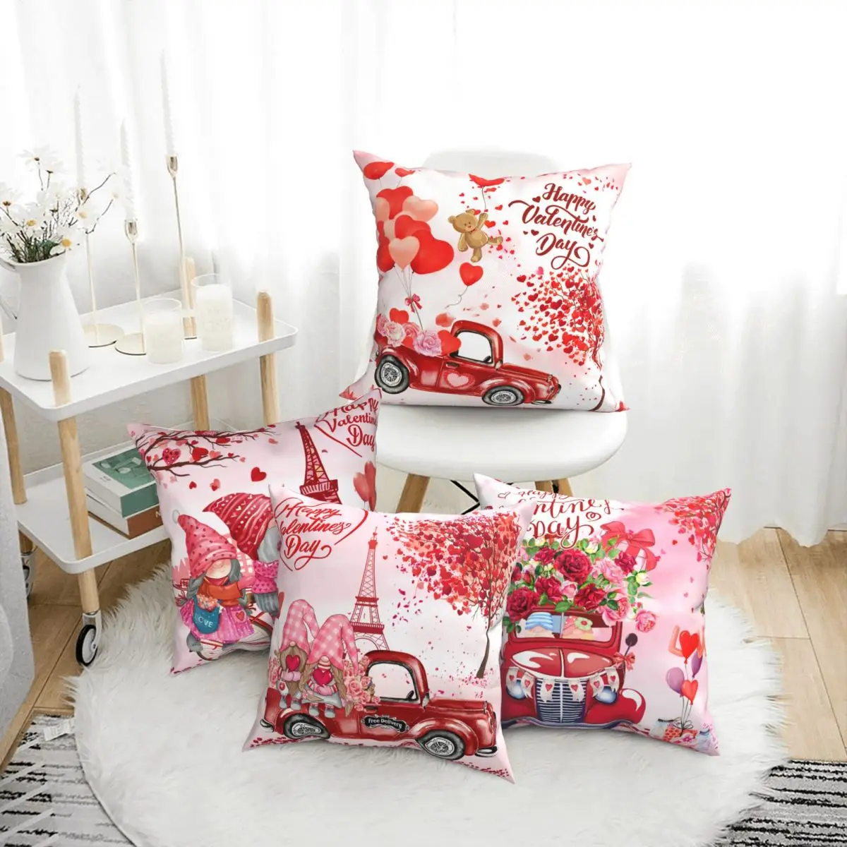 Conjunto de fronhas para decoração de dia dos namorados com 4 fronhas rosa vermelhas para o dia dos namorados