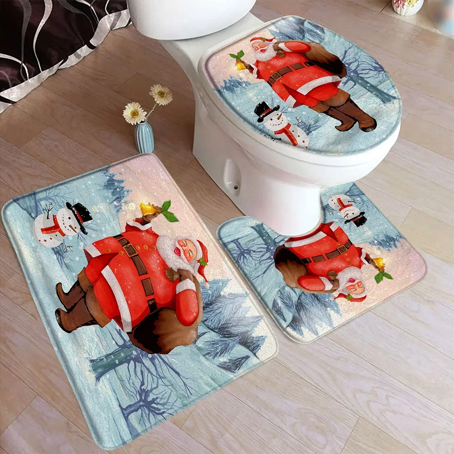 Cute Snowman Christmas Bath Mat Set White Snowflake Red New Year Xmas Carpet Home Bathroom Decoration Floor Rug Toilet Lid Cover