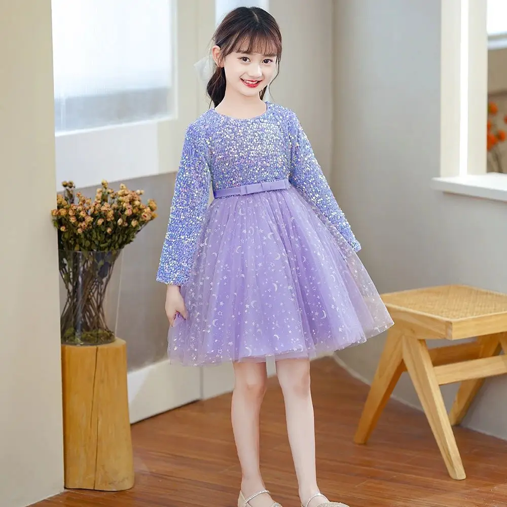 Vestido lila de terciopelo con lentejuelas para niña, vestido de fiesta de cumpleaños, ceremonias, Luna y estrellas, vestido de fiesta de princesa de tul para 1-14 años hasta la rodilla