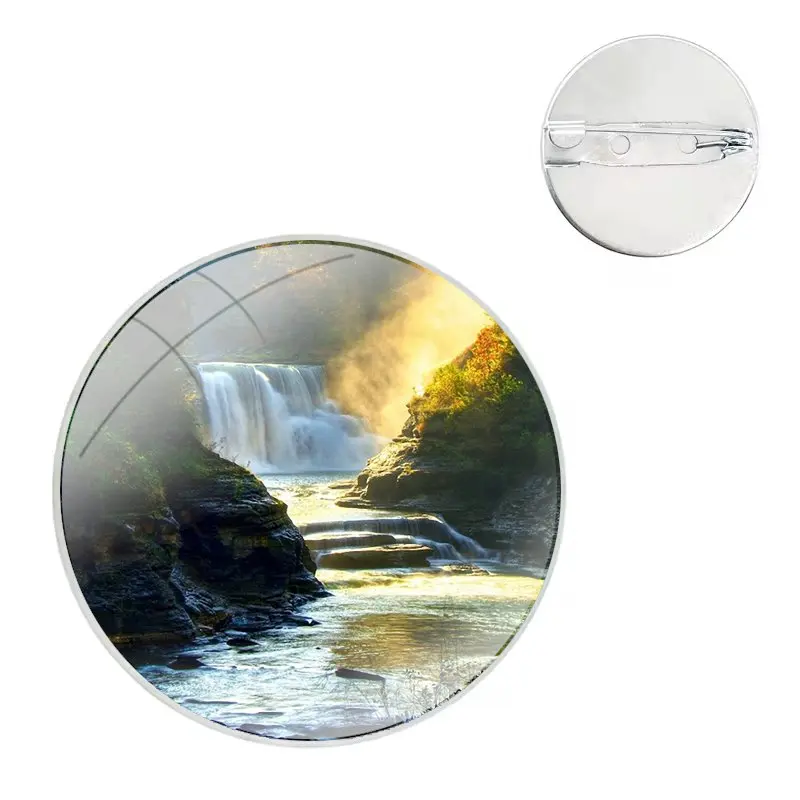 Glass Dome Brooches Shirt Lapel Bag Cute Badge Pins For Clothes Hat Accessories Magnificent Nature Scenery