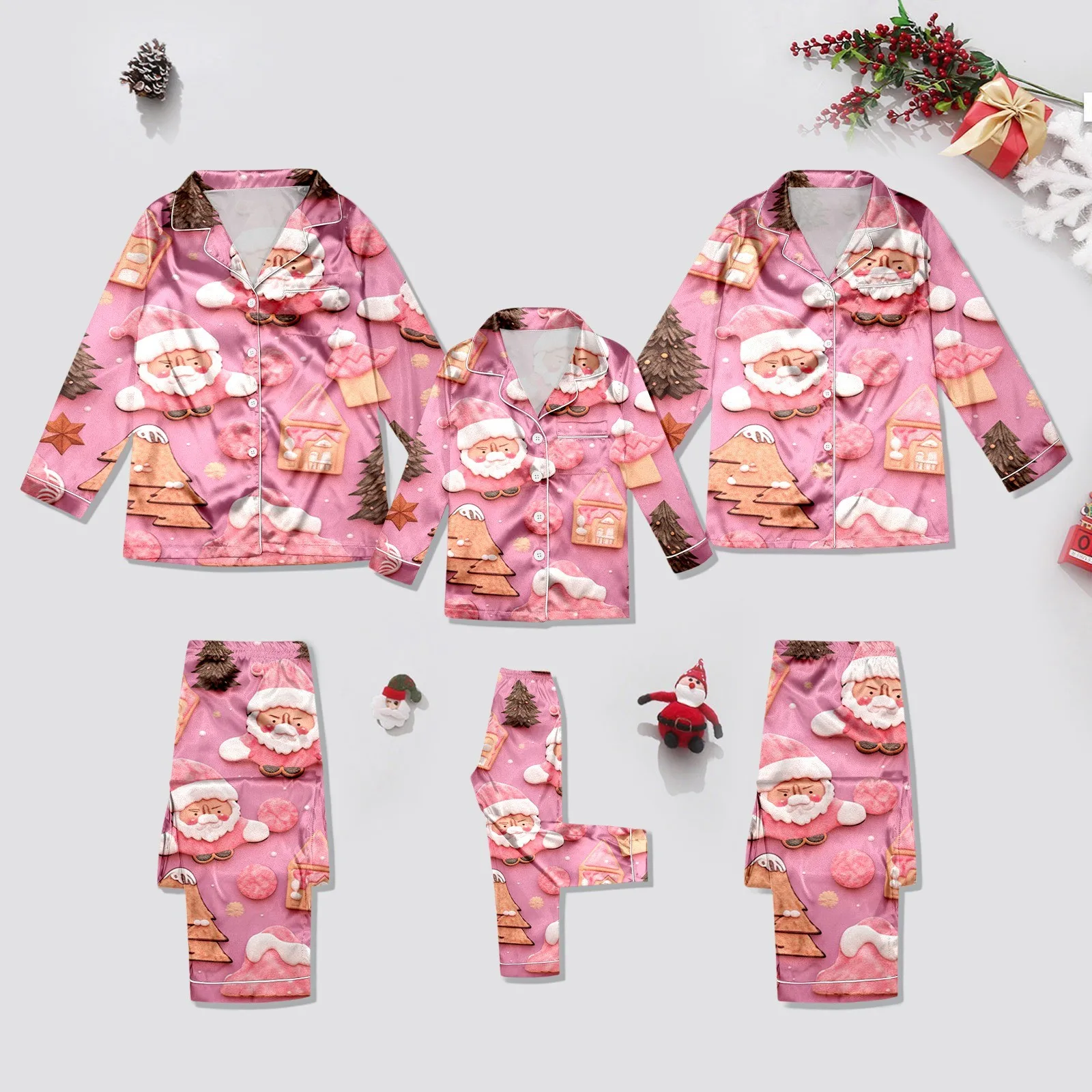 Family Matching Christmas Pajamas Set Fall Winter Christmas Print Long Sleeve Button-up Tops Elastic Band Long Pants Loungewear