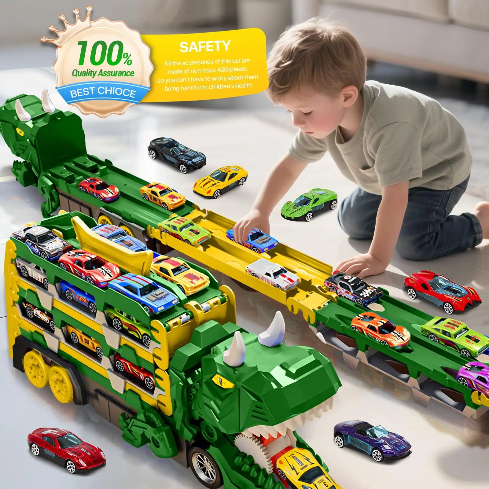 Dinosaur Car Carrier Truck Toy with 12 Alloy Cars, 57in Race Track Swallowing Action Vehicle Gift for Boys Girls Kids Preschool