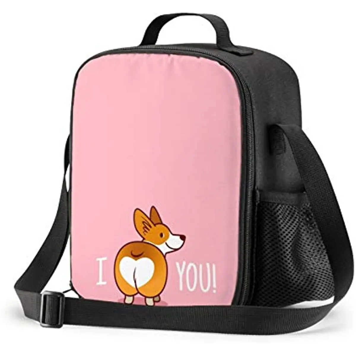 Corgi Lunch Box Insulated Lunch Box for Kids Funny I LOVE YOU Design with Side Pocket Shoulder Strap Lunch Bag for School Work