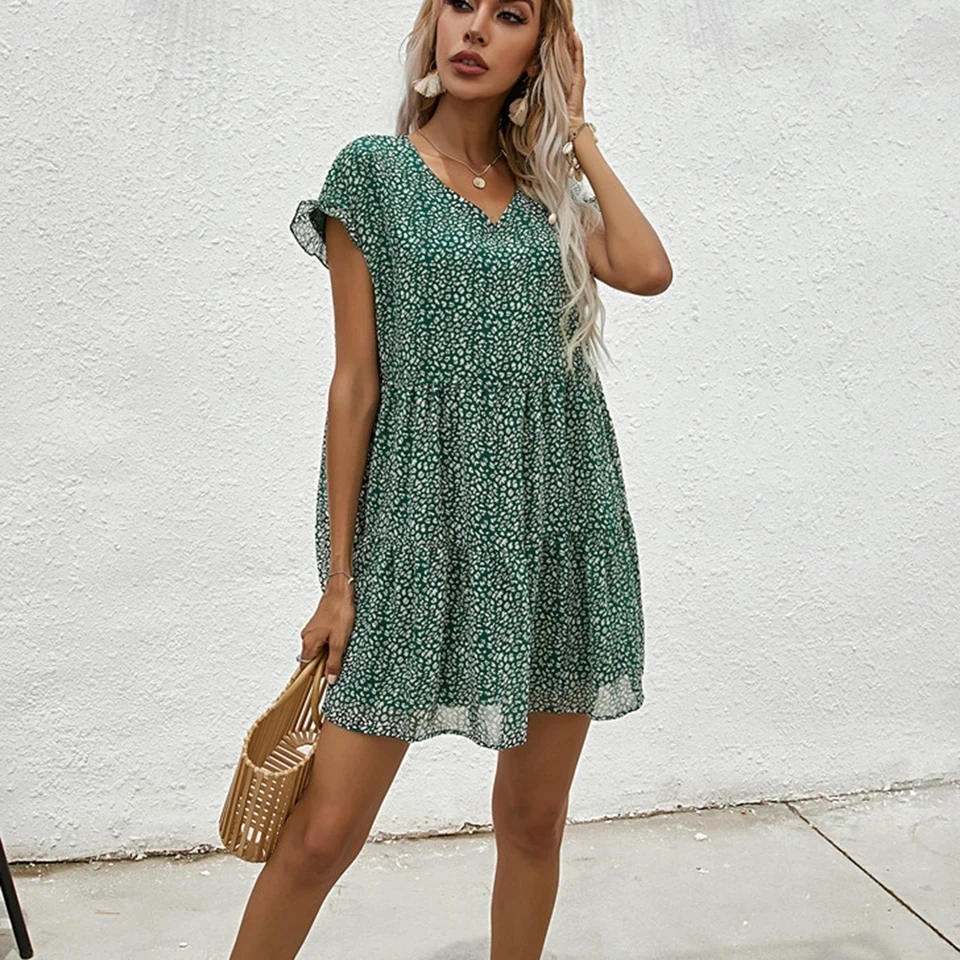 

Fashion V-neck Short Sleeve Floral Print Mini Dress Women 2025 Summer Loose Casual Beach Dresses For Women Robe Femme