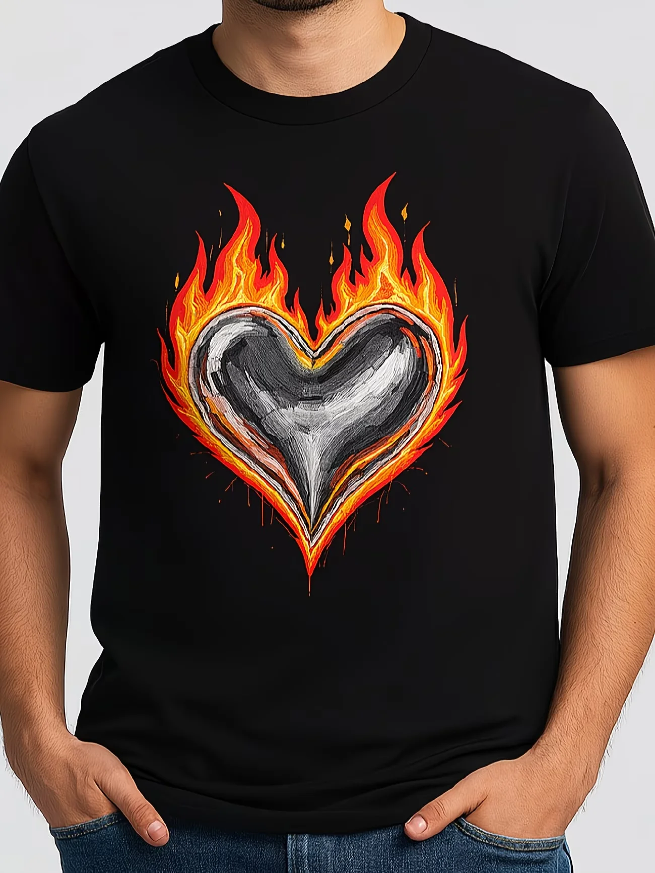 Men's Flame Heart Graphic T Shirt Cotton Tee Summer Oversized Streetwear Casual Trendy Loose Short Sleeve Fashion O-Neck