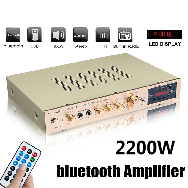 2200W bluetooth 5 Channel Power Amplifier HiFi Stereo Speaker Amp Support FM Radio 2 Mic USB SD Card Input