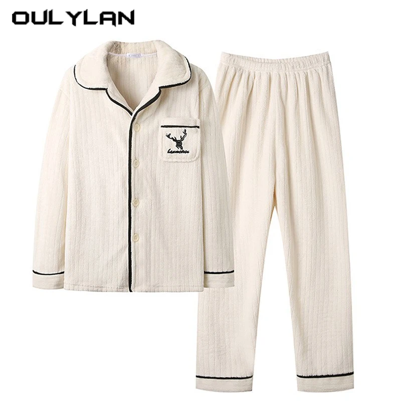 High Quality Thickened Warm Flannel Men Pajamas Loungewear Solid Color Top Trousers Sleepwear Homewear Male Nightwear 2PCS Set