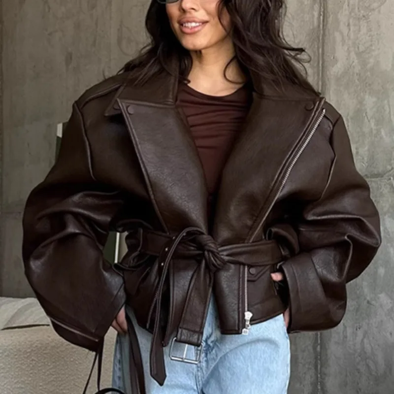 Elegante Vintage Braun Zipper Leder Kurze Jacke Frauen Chic Revers Lange Ärmeln Gürtel Lose Mäntel Herbst Highstreet frauen Mantel