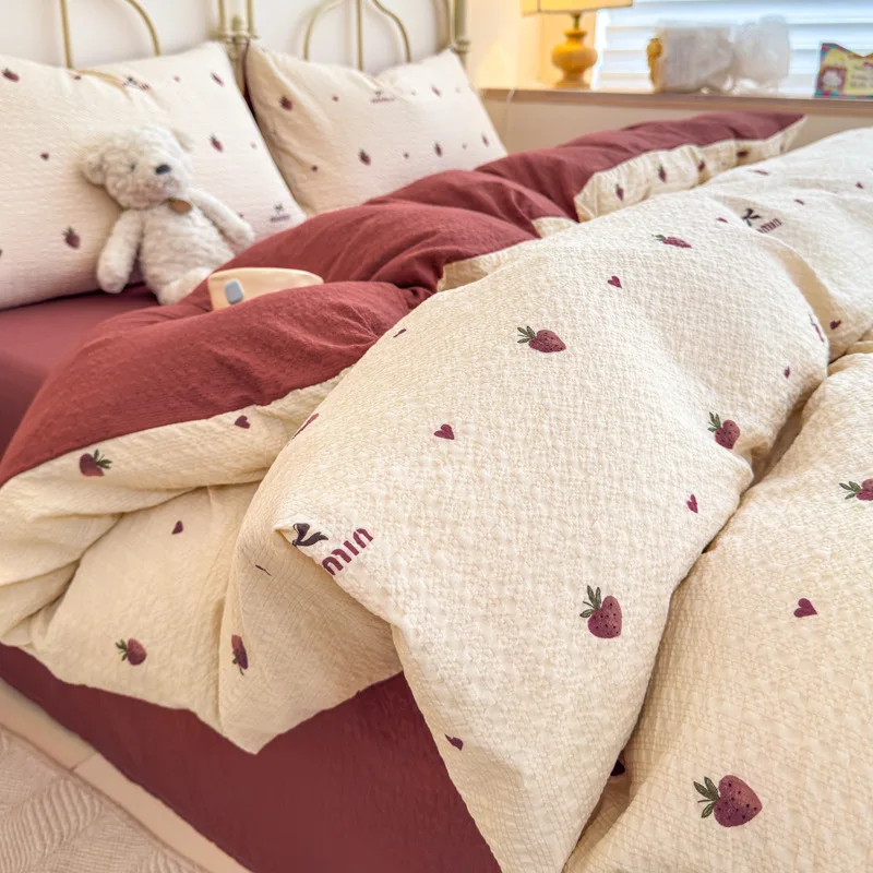 Infant Puff Cotton 4-Piece Bedding Set, Thick Fitted Sheet, Flat Sheet & Duvet Cover, New Style, Skin-Friendly for Naked Sleep