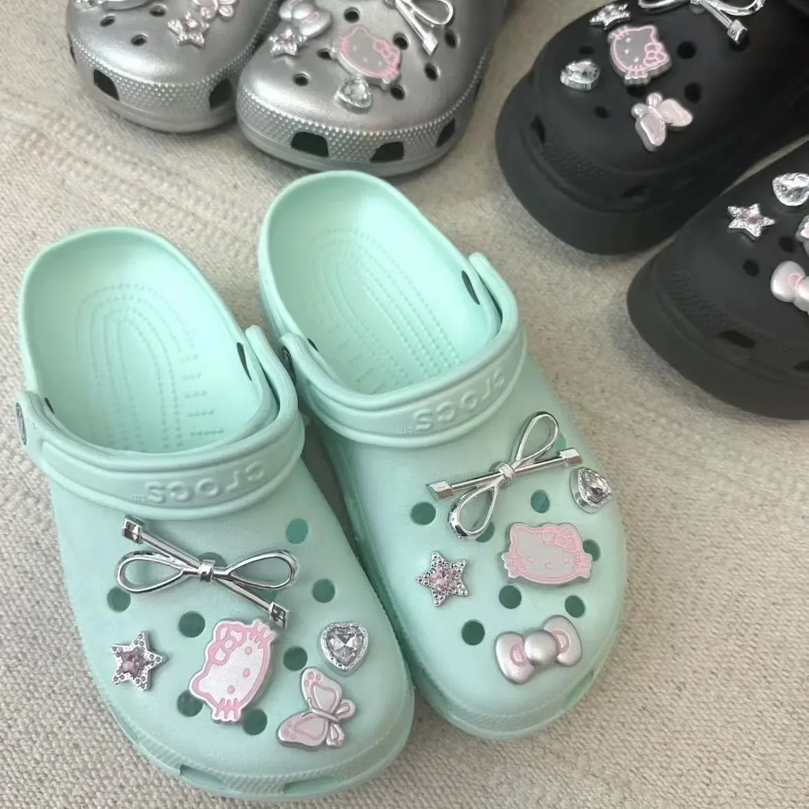 2025 Cute Silver Cat Hole Shoes Accessories DIY Accessories Cartoon Girl Bow Shoes Flower Upper Decoration Accessories