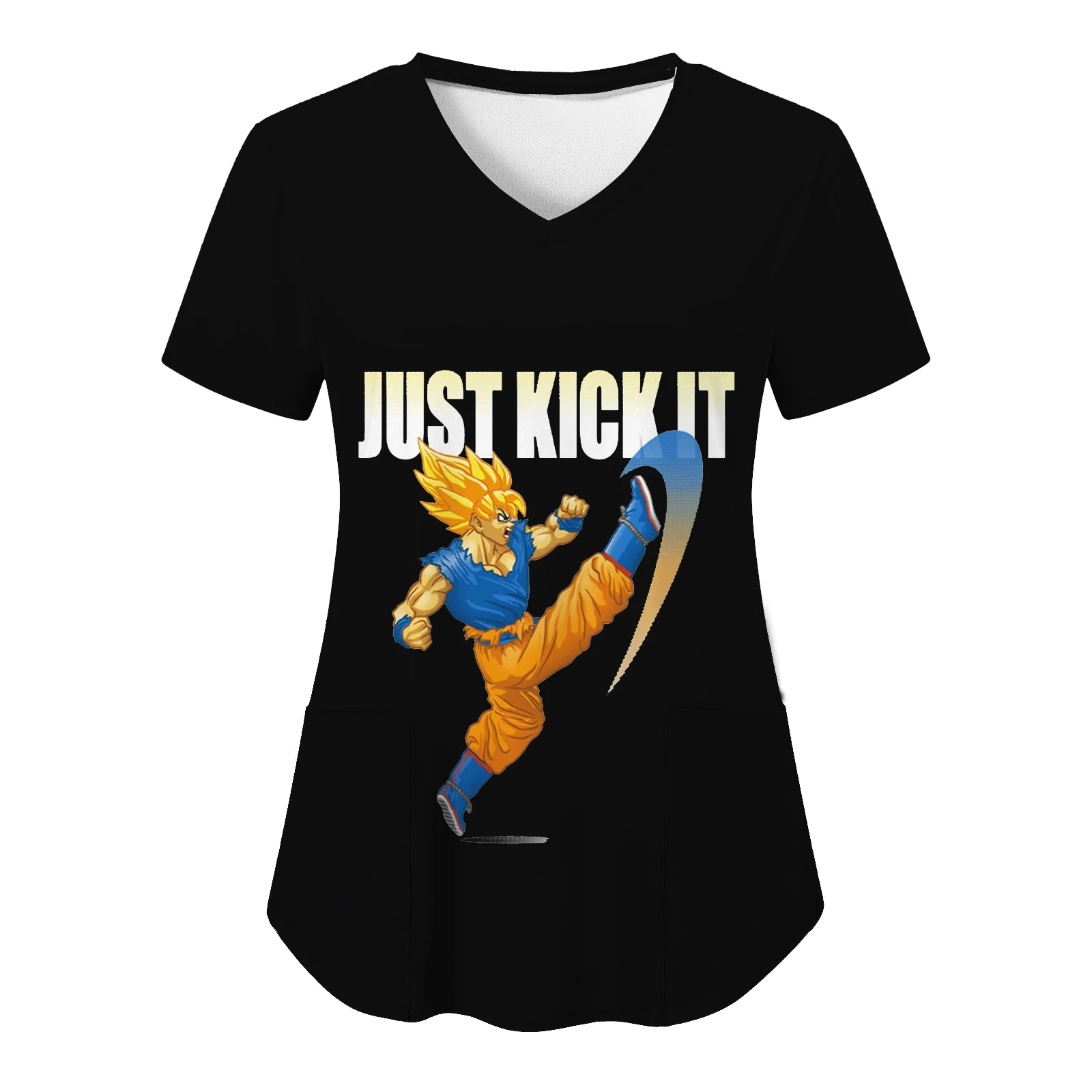 Y2k Hospital Nurse Uniform Summer Top Women 2024 T-shirts Pocket Fashion Cartoon Vegeta Goku Anime V Neck Dragon Ball Z Uniform