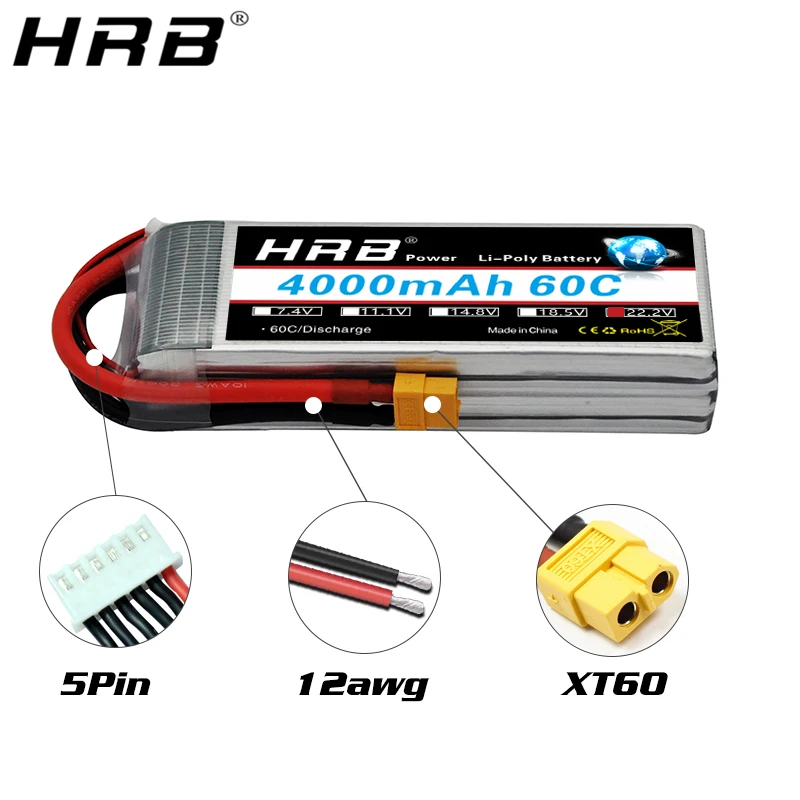HRB 2S 3S 5S 4S 6S يبو بطارية 3000mah 4000mah 5000mah 6000mah 7.4V 11.1V 14.8V 18.5V 22.2V XT60 عمداء EC5 FPV الطائرات