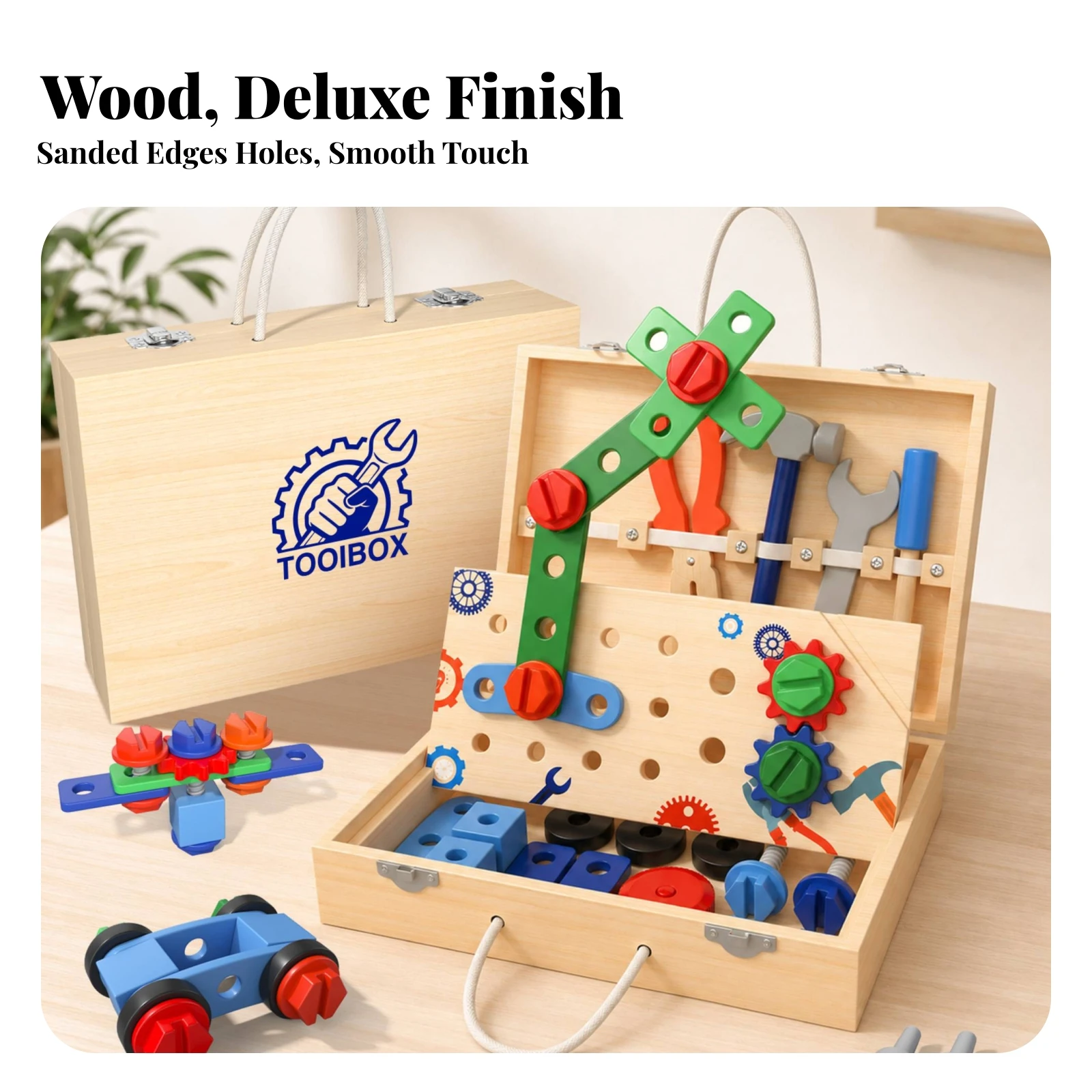 Wooden Toolbox Toy Portable Wooden Toolbox with Assembly Parts Pretend Play Construction Set Developmental Toy Tool Kit Learning