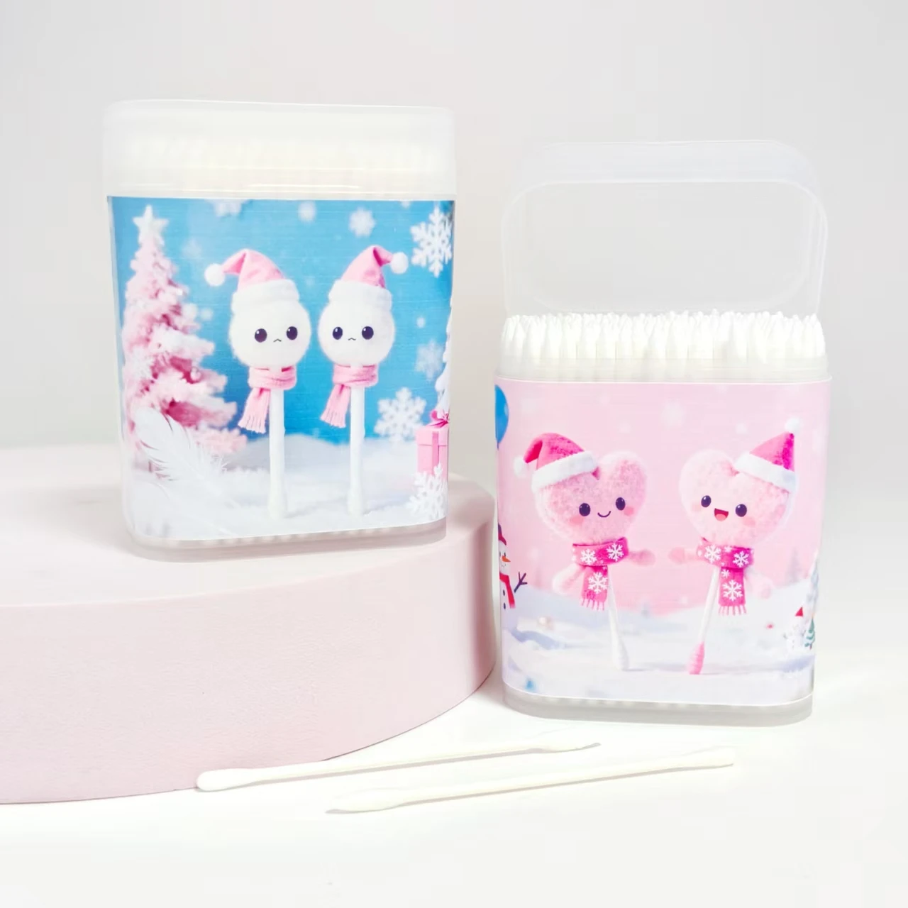 200 Stück/400 Stück rosa Wattestäbchen mit Weihnachtsmotiv, weißes Liebesmuster, Scheuerbox, doppeltes Wattestäbchen