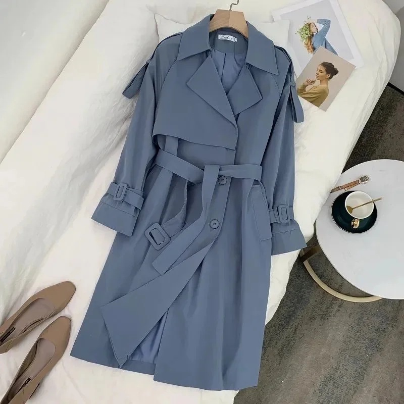 

Elegant Mid-length Women Blue Trench Coat With Sashes Lapel Single-breasted Windproof Jacket Spring Autumn Korean Windbreaker