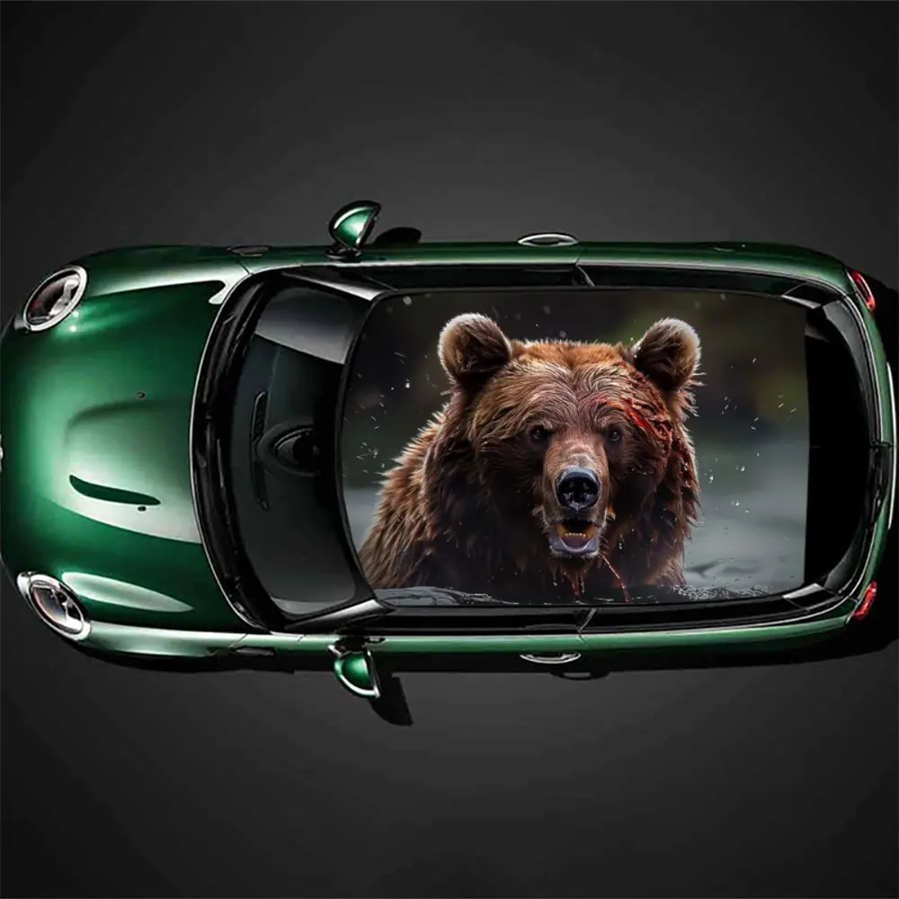 Angry Wild Grizzly Bear Car Roof Sticker Wrap Racing SUV Auto Accessories Packaging PVC Car Hood Graphic Decal Decoration Gift