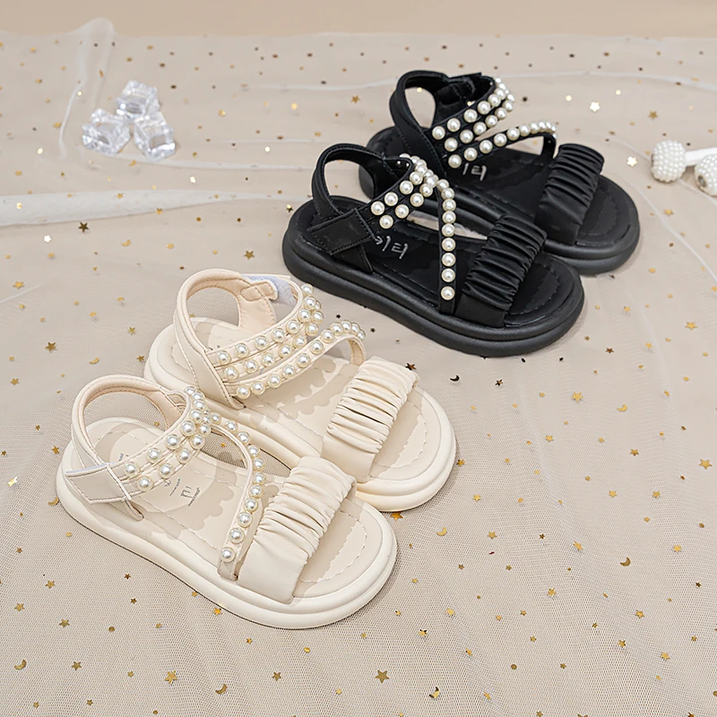

Kids'Casual Shoes Sandals Fashion PU Leather Pearl Solid Color Summer Shoes For Girls Anti-slip White Black Shoes Size 26-37