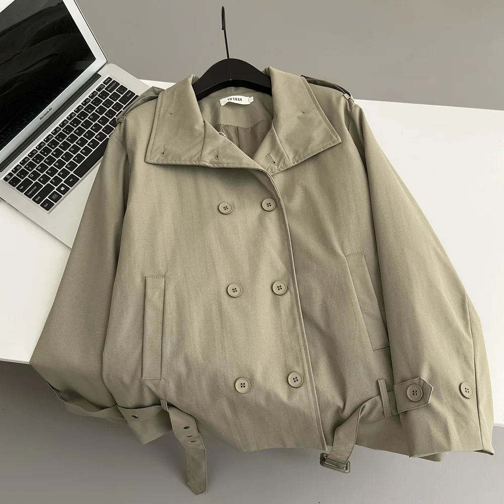 KWTX 2025 Women’s Short Trench Coat Stand Collar Double-Breasted Belted Solid Color Casual Fall Winter Premium Quality Pockets