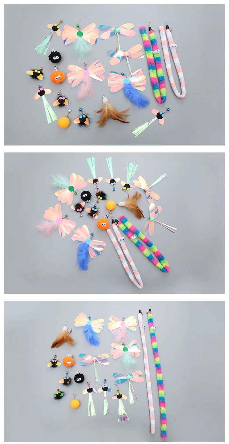 3X 5X Cat Toy DIY Replace Cat Teaser Stick Replacement Pet Toy Accessories Dragonfly, Butterfly, Caterpillar, Ball Replace Head