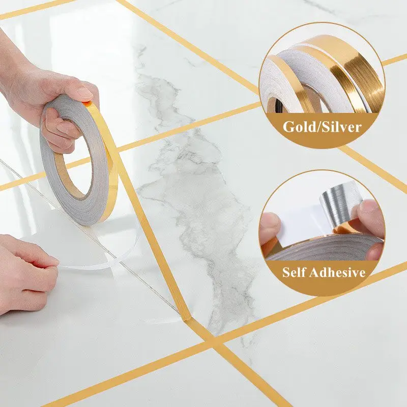 50m Ceramic Tile Mildewproof Gap Tape Gold Silver Self-adhesive Bathroom Waterproof Sticker Beautiful Seam Tape Edge Decoration