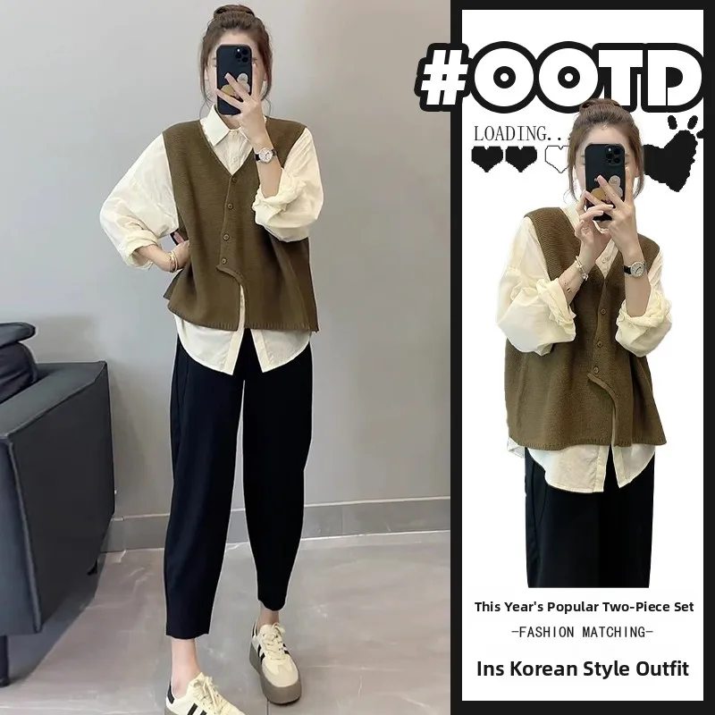 

Salt Series Light Maturity Three Piece Set Women's Elegant Brown Vest Collar Long Sleeve Shirt High Waist Slimming Casua...