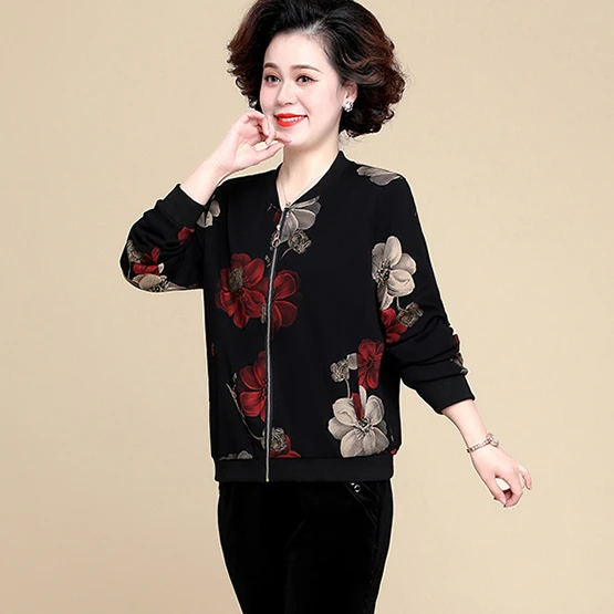 

2024 Spring Autumn Women New Middle-aged and Elderly Coats Female Loose Casual Jackets Ladies Long Sleeve Print Overcoats Q52