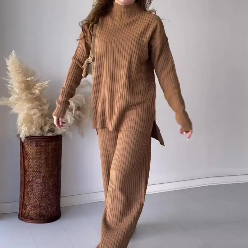 Fall Winter Tracksuit Cozy Knitted Women\'s Pajama Set with High Collar Top Wide Leg Trousers for Fall Winter Loungewear Women