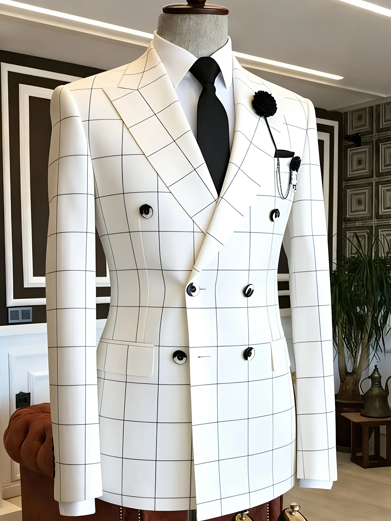 

Men White Windowpane Grid Check Double Breasted Blazer Two Tone Buttons Lapel Flower Brooch Slim Fit Wedding Groom Formal Tuxedo