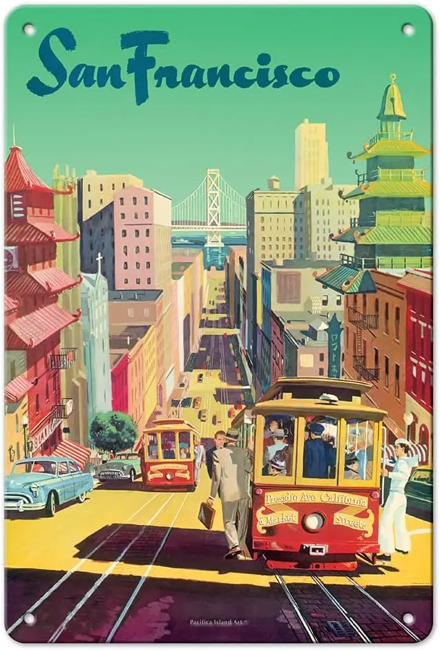 Pacifica Island Art San Francisco - Cable Cars - Vintage Airline Travel Poster by David Klein c.1950s - 8 x 12 inch Vintage Meta