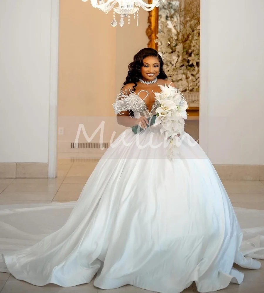 

Plus Size African Wedding Dress With Pearls Off Shoulders Soft Satin Graceful Bridal Dress 2025 Aso Ebi Bride Dress Customized