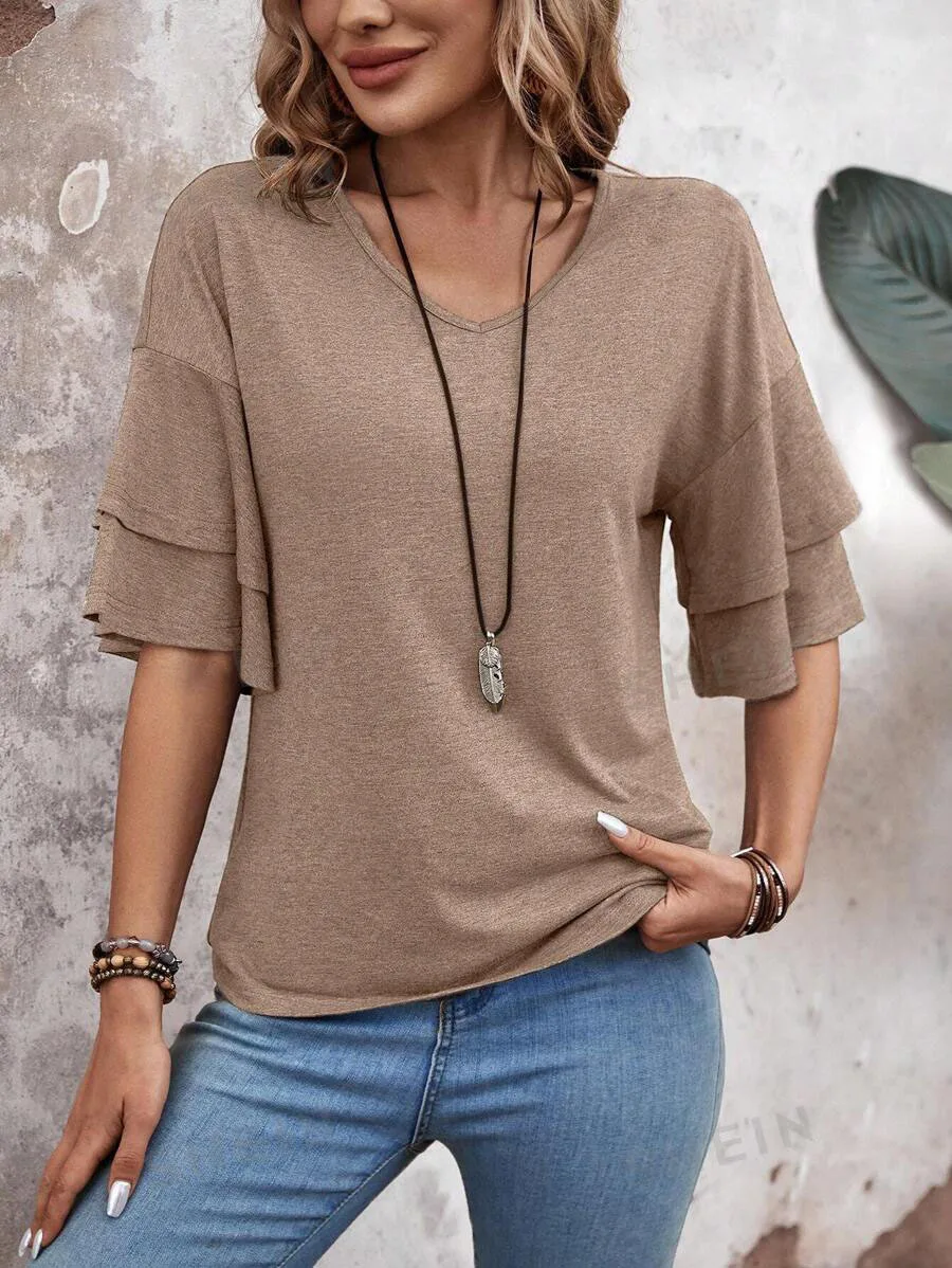 Damen-Sommer-Oberteil mit V-Ausschnitt, doppellagig, Rüschenärmel, einzigartiges, lässiges, solides Design – Detail 7